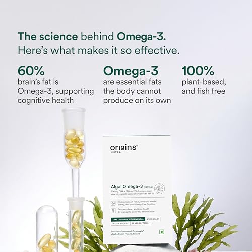 Image of Origins Nutra Vegetarian Omega-3 with OmegaVie (Polaris, France) | 300 mg DHA + 120 mg EPA| Supports Brain, Heart & Eye Health | No Fishy Burps | 28 Veg Enteric-Coated Softgels | GMP Certified | 300 mg DHA + 120 mg EPA | For Brain, Heart, Eye & Joint Health | No Fishy Burps | 28 Veg. Enteric-Coated Softgels | Pack of 1