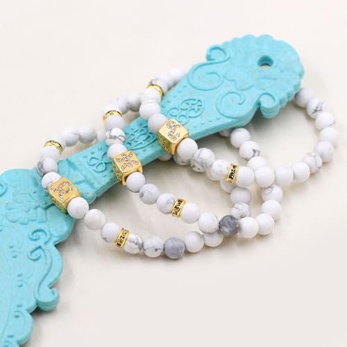 Image of Inlaid Zircon 12 Constellation Adjustable Stretch Bracelet - 6mm Frosted White Turquoise Beaded Bracelets for Women Men SJYA4647
