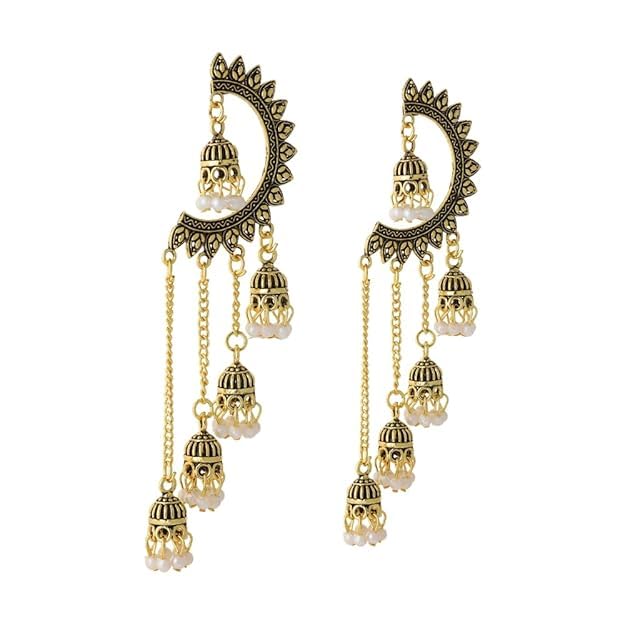 Image of WORLD CRAZE Multicolour long kashmiri jhumka for women chandbali earrings chand baliyan | kashmiri earrings for women | bahubali earrings stylish | Traditional Indian Festive Jewelry | Long Chain Tassels | Pearl Drop Latkan Jewellery (Multi colour)