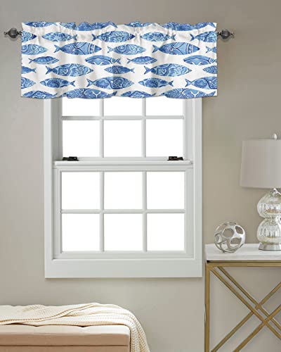 Blue And White Decor Windows Valances Curtain Sealife Fishes Kitchen Valances Rod Pocket Marine Theme Window Curtain Treatment Short Topper Curtains For Kitchen Bedroom Living Room 1 Panel, 54X18 Inch #TOP3