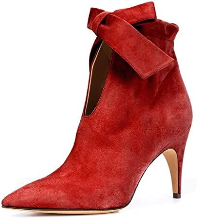 XYD Classical Pointy Toe Ankle Booties Dress Low Kitten Heels Graceful Boots for Women Cute Bow Shoes Red Size 12