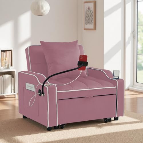 Image of Convertible Sofa Bed, 3 in 1 Futon Sofa Bed with USB Charging Ports, Cup Holder, Phone Stand & Pocket, Modern Upholstered Sleeper Sofa for Living Room, Apartment or Small Space (Pink)