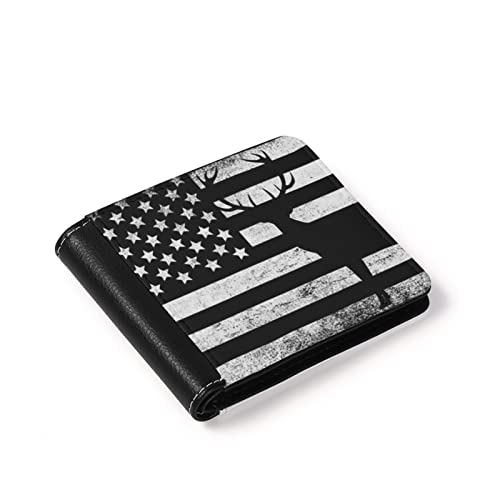 Ledback American Flag Deer Hunting Black Print Men's Pu Leather Bifold Wallet Card Case Holder Money Organizers #TOP2