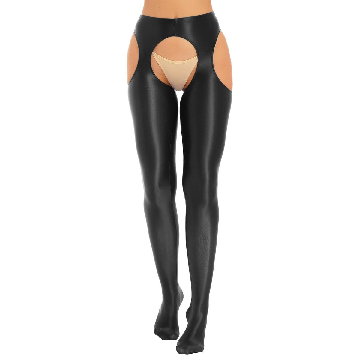 QIANGYTHENKO Womens Glossy Mid Waist Hollow Out Legging Silk Lingerie Tights Skinny Pants Cutout Crotchless Pantyhose Underwear Black