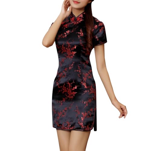 Vhersily Langes Sommerkleid für Damen, kurvig, Vintage, Drache und Phönix, kurz, Qipao, elegant, Cheongsam, Mandarinenkragen, sexy Minikleid,...