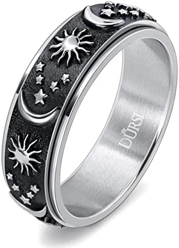 DURSI Sun Moon and Star Spinner Fidget Ring for Anxiety for Men Women Stainless Steel Rotating Engagement Wedding Band (Black Silver, Size 8)