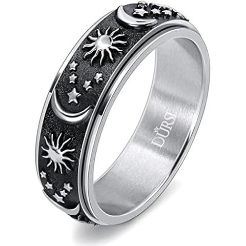 DURSI Sun Moon and Star Spinner Fidget Ring for Anxiety for Men Women Stainless Steel Rotating Engagement Wedding Band (Black Silver, Size 5) Cover