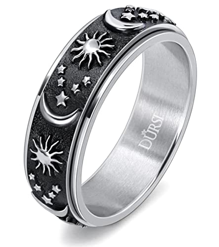 DURSI Sun Moon and Star Spinner Fidget Ring for Anxiety for Men Women Stainless Steel Rotating Engagement Wedding Band (Black Silver, Size 8)