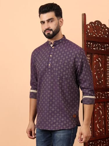 Image of LATEST CHIKAN Men's Cotton Regular Self Design Short Kurta Full Sleeves - Casual Ethnic Wear