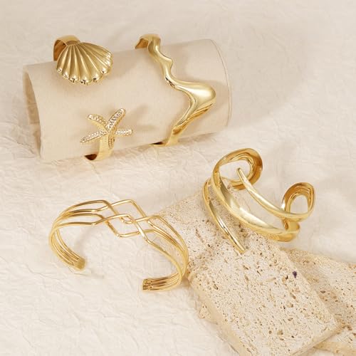 BROCC 4PCS 14K Gold Plated Stackable Cuff Bracelets Set for Women Adjustable Open Cuff Bangle Bracelet Hammered Wrist Thin Minimalist Gold Cuff Bracelets4