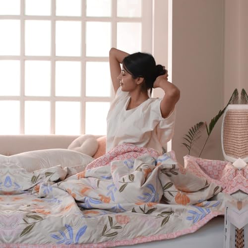 Image of Dohar Double Bed 100% Cotton Blankets for Summer | 90x100inch, 150GSM Ac Comforter and Cooling Blankets for Summer | Pink Color | Classic Printed Design | Quilt | Ideal for Gifting