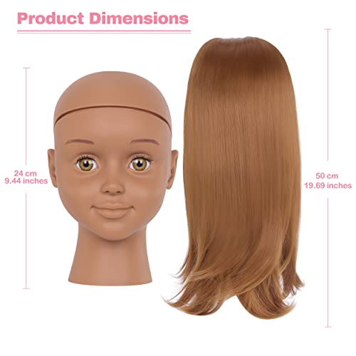 TopDirect Doll Mannequin Head with Hair, Interchangeable Wig, Synthetic Fiber Brown Hair Brown Skin, Manikin Practice Cosmetology Styling Hairdressing Training Braiding with Clamp Holder - Thumbnail 2