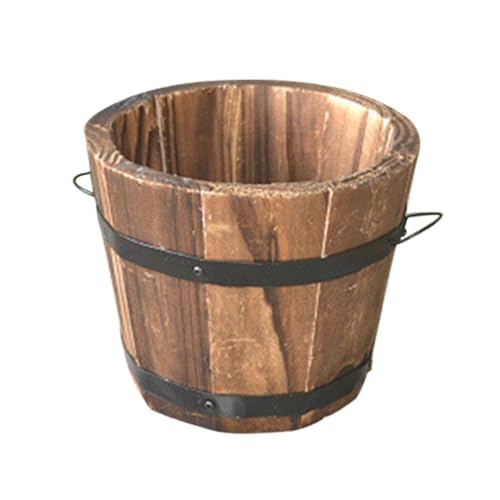 Image of Healeved Wooden Round Barrel Flower Pot Planter with Breathable Bottom Hole for Home Office Garden Decor 7.08X5.9 Inches