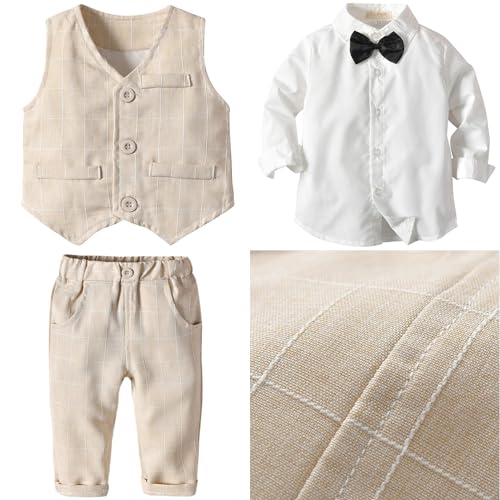 Image of ARTMINE Toddler Boy Clothes Suit Gentleman Wedding Outfits, Formal Dress Shirt+Bowtie+Vest+Pants