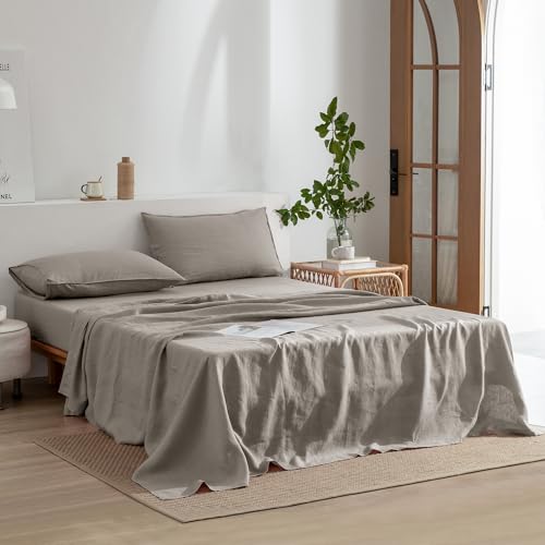 Image of EVERLY Linen Queen Size Sheets Set,100% French Washed Pure Linen Bed Deep Pocket Sheets,4Pieces(1Flat Sheet,1Fitted Sheet,2Pillowcases) Suitable for Hot Sleepers,180GSM Natural Linen Bedding Set