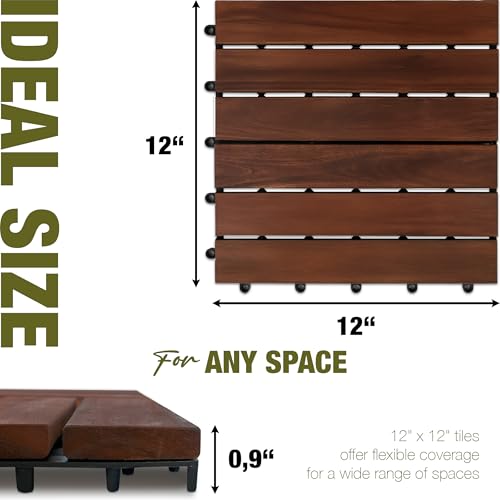 GREEN ALLUVIUM Premium Acacia Wood Interlocking Deck Tiles, 12"x12"x0.9" Outdoor Patio Flooring, Waterproof All-Weather Use, 9 PCS, Dark Brown – Striped Pattern by GREEN ALLUVIUM - Image 2