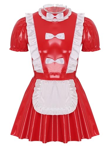 Jugaoge Mens Sissy French Maid Role Play Costumes Puff Sleeve Latex Wet Look Leather Dress with Apron Maid Red A X-Large