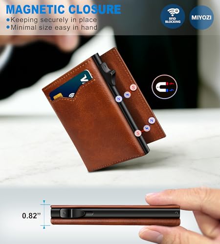 Image of miyozi Wallet for Men,with Cash Pocket 2 ID Window 9-13 Cards,Metal Case Smart Slim Pop Up Credit Card Holder Flip with Magnetic Closure RFID Blocking Trifold wallet with Gift Box
