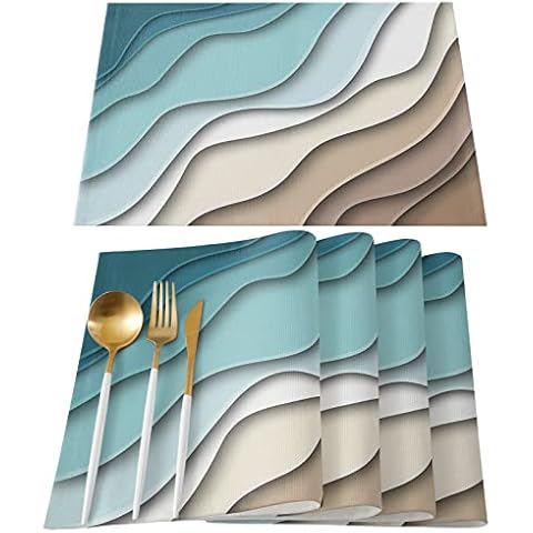 Ombre Placemats Set of 4 Beach Geometric Gradient Striped Dark Turquoise Placemats for Dining Table Cotton and Linen Table Mats Turquoise Brown Place Mats for Festival, Parties, Events (13 x 19inch) Cover