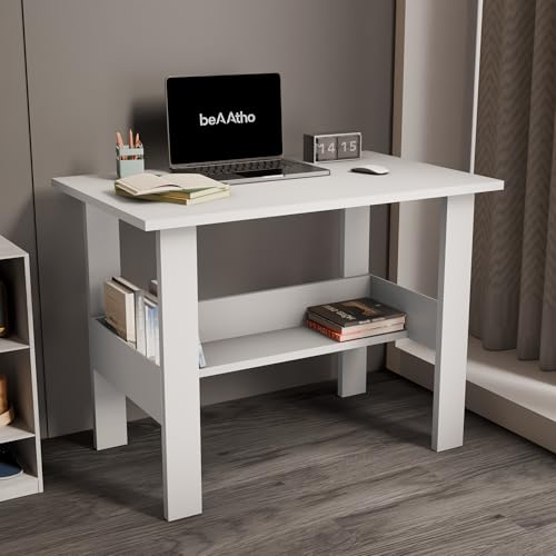 Image of beAAtho Spectrum Desk Multipurpose Workstation for Home, Office, or Study, Engineered Wood with Large Spacious Top, Open Shelf Storage, Durable & Tested for Strength, Easy to Assemble.(White)(DIY)