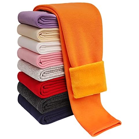 Girls Winter Warm Leggings Kids Fleece Lined Thick Basic Full Pants for 3-11 Years, Orange, 7-8 Years Cover