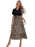 SheIn Damen 2 in 1 Hemdkleid mit Leopardmuster Blusekleid Button Down Midi Tunikakleider Freizeit Party Kleider mit Gürtel Schwarz M
