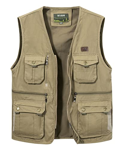 Oralidera Chaleco de Pesca Hombre Multibolsillos Deportivos de Caza Fotografia Algodón Chaleco Tipo Safari Chaqueta Sin Mangas Al Aire Libre, Caqui, 3XL