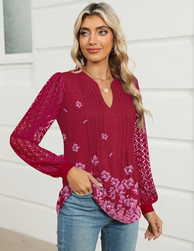 Micoson Womens Lace Long Sleeve Tops V Neck Pleated Blouses Dressy Casual Work Shirts3
