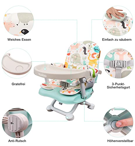 YOLEO Sitzerhöhung Stuhl Kind, Tragbarer Hochstuhl für Baby, nur 2 kg, Booster Sitz mit Sicherheitsgurt und Abnehmbarem Tablett und PU Kissen, Geeignet für Kinder von 6 bis 36 Monaten