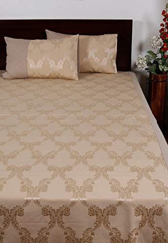 Image of Beige Self Design Double 275 TC Cotton Jacquard Printed Bedcover with 2 Pillow Covers, Pack of 1 | 90x102 Inches