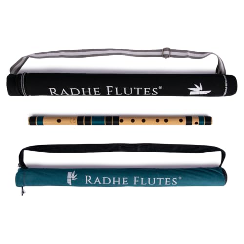 Image of Radhe Flutes Bamboo Bansuri C Sharp Right Handed Middle Octave (18 inch) With Hard Cover (Beige Flute With Black & Dark Green Threads)