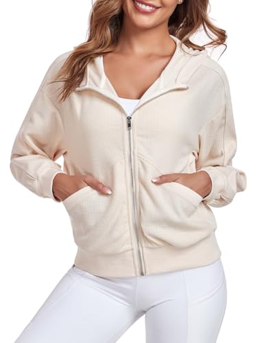 Women's Cropped Waffle Jacket Oversized Zip Up Long Sleeve Batwing Y2K Hood jacket with Pocket3