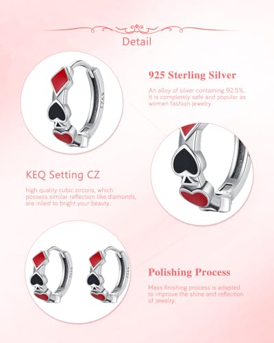 KEQ Poker Huggie Hoop Earrings 925 Sterling Silver Casual Casino Hearts and Spades Playing cards Simulate Cool Funny Earrings for Women2