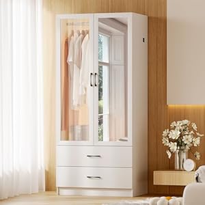 Lvifur 63″ Armoire Wardrobe Closet with Auto Sensor LED,3-Color Dimmable LED Armoire with Full Length Mirror,Armoire Storage Cabinet with Acrylic Door,4-Tier Adjustable Shelf,2 Drawers