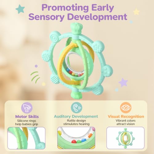 Image of Baby Ring Teething Toys with Rattle for 3 Months+, BPA-Free, Green