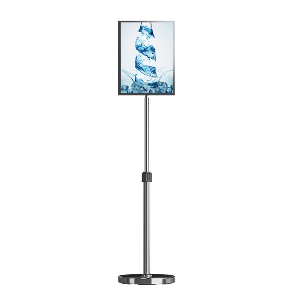 Soporte de Letrero Ajustable de Acero Inoxidable - Expositor de Suelo A4 para Bodas, Publicidad, menús y Ventas - Soporte Vertical Plateado para Carteles, señalización de Altura Ajustable