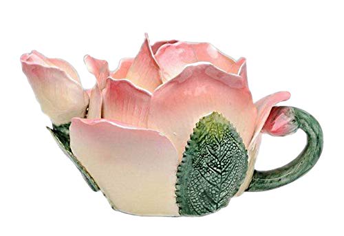 Pink and White Rose Petal Shaped Teapot with Green Leaf Like Handle