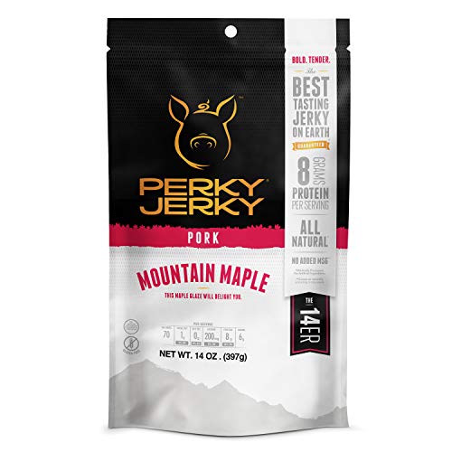 Perky Jerky Mountain Maple Pork Jerky, 14oz - Tender Texture and Bold Flavor - Low Sodium - 8g Protein per Serving - Low Fat - 100% U.S. Sourced