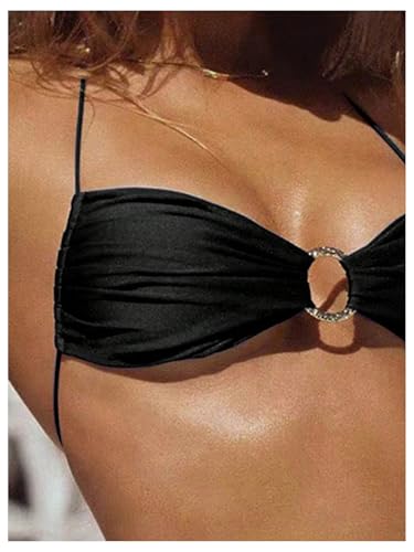 Image of SOLY HUX Bathing Suit for Women Halter Ring Linked Tie Side Bikini Sets Two Piece Swimsuit