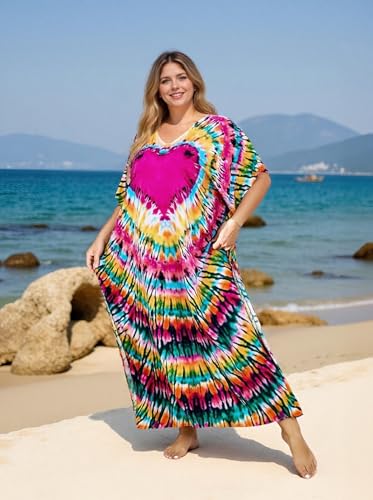 Image of sunforyou Kaftan Dresses for Women Plus Size Lightweight Swimsuit Cover up Batwing Sleeve Print Loungewear Beach Robe