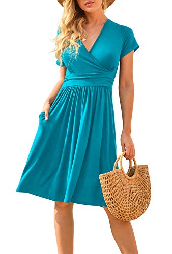 Image of LILBETTER Women Summer Casual Short Sleeve Dresses Empire Waist Dress with Pockets Acid Blue Small