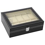 NovelBee 10 Slots Watch Boxes Display Cases with Removable Cushions,Framed Glass,Lid Elegant Contrast Stitching and Secure Lock for Watch Jewelry Storage