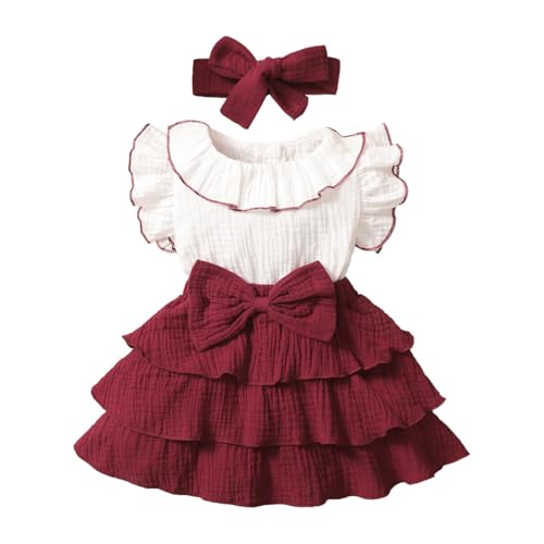 HEOXIN Babykleidung Kleid Mädchen, Neugeborene Flying Sleeve Schleifenknoten Colour Blocking Frilly Baby Kleider mit Stirnband für Bekleidungssets, Baby Clothes Rotes Kleid Baby-Mädchen, 9-12 Monate