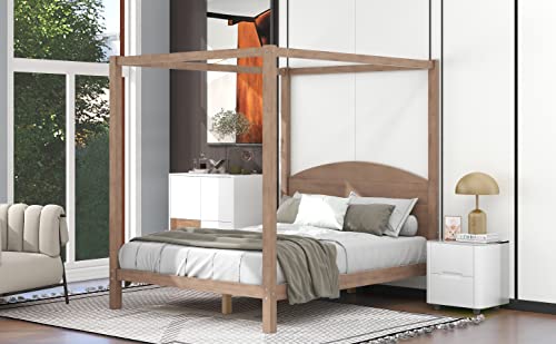 Kisyapoo Modern Canopy Bed Queen Size Platform With Headboard, Wood 4-Post Frame Support Legs, Poster Panel For Kids Teens Boys Girls, Easy Assembly (Brown-4) #TOP3