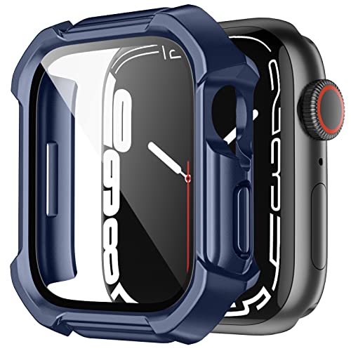 DGege Compatible for Apple Watch Case 45mm 41mm, HD Tempered Glass Screen Protector with Rugged TPU Bumper Full Protective Cover Accessories for iWatch Series 8 7, Men Women, 41mm 45mm, Deep Blue