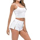 Womens Pyjamas Set Camisole and Shorts Sleepwear Button up Sleeveless Nightwear White