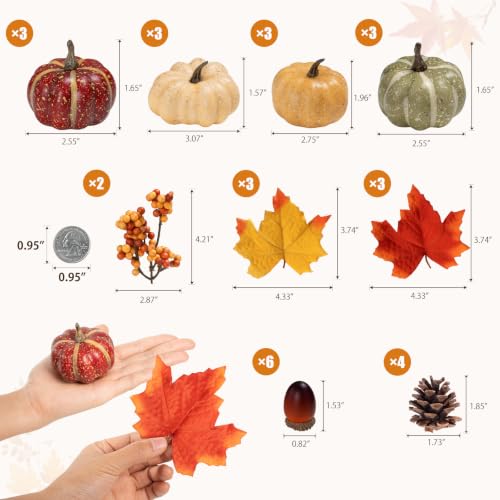 Image of 30Pcs Artificial Pumpkins Set, Assorted Fall Fake Pumpkins Acorns Pine Cones Berries Maple Leaves, Fall Decor for Halloween Thanksgiving Home Mantel Tabletop