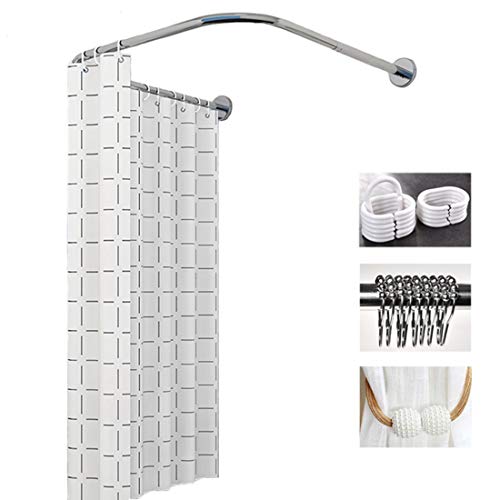 YDDHQ Duschvorhangstange U Form, Stange Duschvorhang für Badezimmer, Duschstange Teleskop Edelstahl, Kleben Oder Bohren Installation (Mit Duschvorhang und Haken) Cover