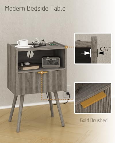 Image of JOONEE Nightstand with Outlet,Modern Bedside Table with Storage Drawer and Open Wood Shelf, for Living Room, Bedroom and Small Spaces, Accent Night Stand with Solid Wood Legs, Easy Assembly,Grey Oak