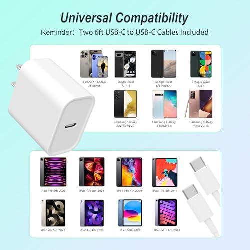 Image of iPhone Charger, 2 Pack 20W USB C Fast Wall Charger Block with 2 Pack 6 FT USB-C to C Cable for iPhone 17 16 15 Plus /Pro /Pro Max /iPad Pro /Air /Mini, Galaxy, AirPods Pro